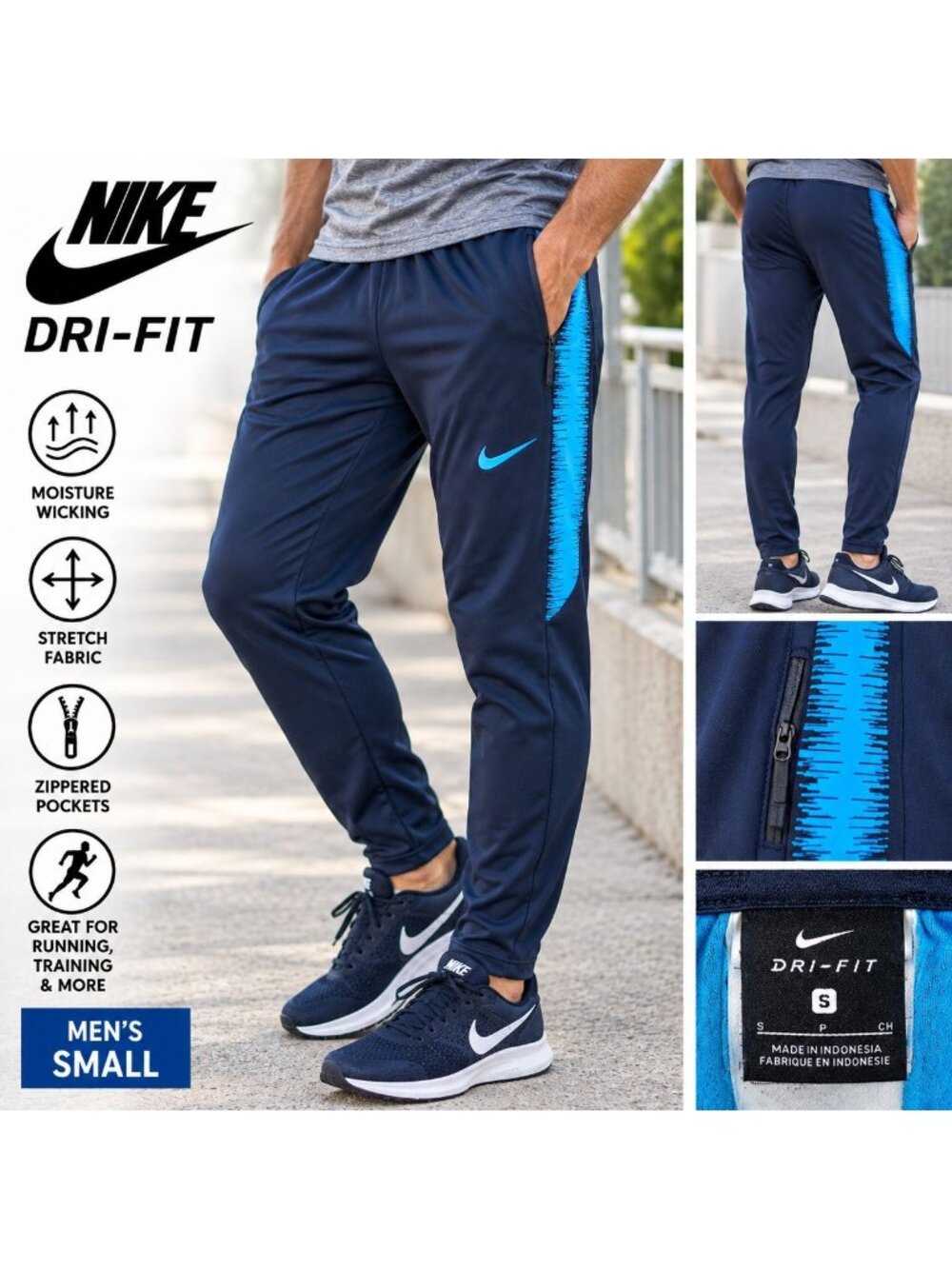 Nike Dri-FIT Mens Small Running Pants Black Blue Tapered Zip Pockets Stretch